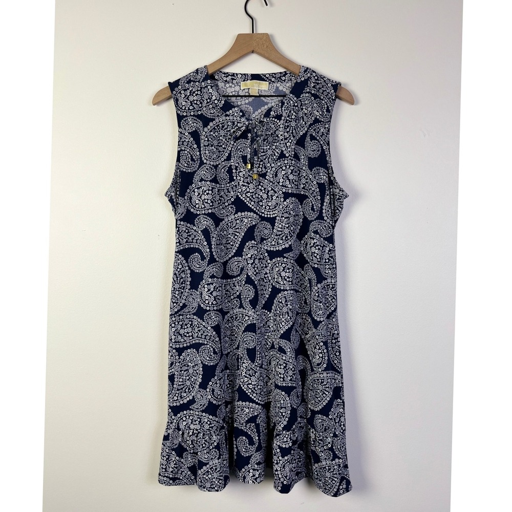 Michael Kors Boho Paisley Dress Blue‎ Sleeveless Tie Neck Gold Casual Summer XL